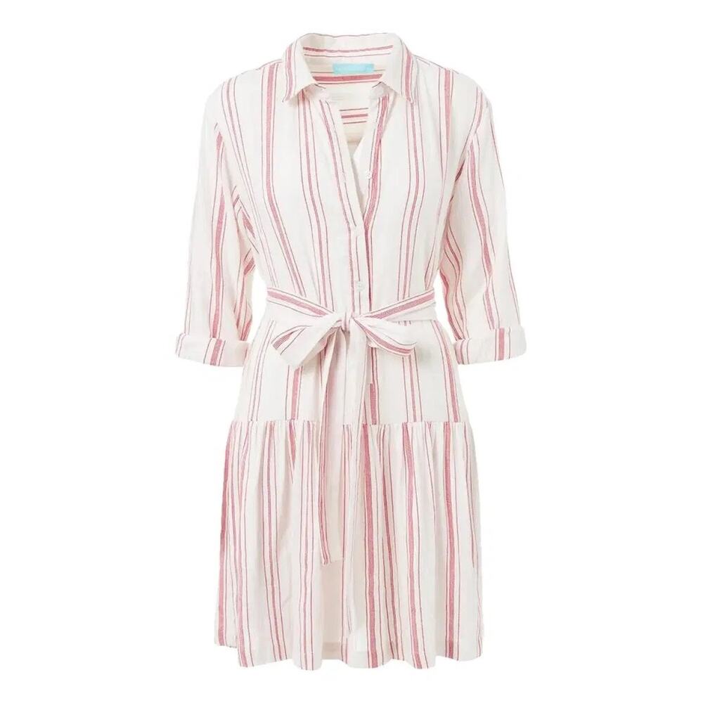 Melissa Odabash Amelia White & Red Striped Cotton Mini Shirt Dress Size Large